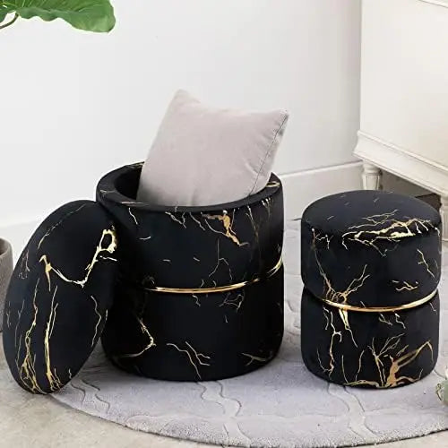 Round Black Velvet  Ottoman , Modern Upholstered Vanity Ottoman Footrest Stool Indoor Ottoman for Entryway Living Room Bedroom D - Home Fusion