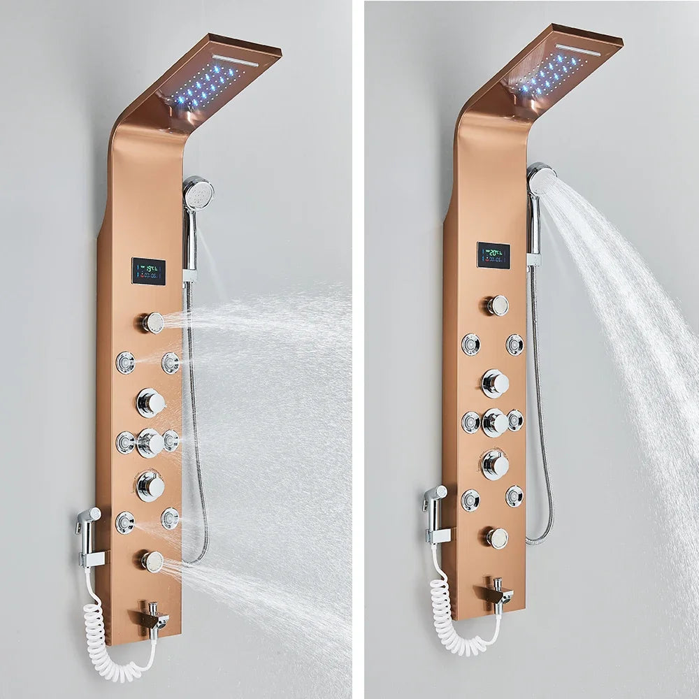 LED Light Bathroom Shower Panel Intelligent LCD Shower Column System with 6 Modes Rain Waterfall Massage Jet Bath Mixer Tap - Home Fusion