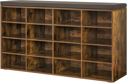 Shoe Storage Bench with Cushion, Cubby Shoe Rack with 12 Cubbies, Adjustable Shelves, Multifunctional Shoe Organizer Bench - Home Fusion