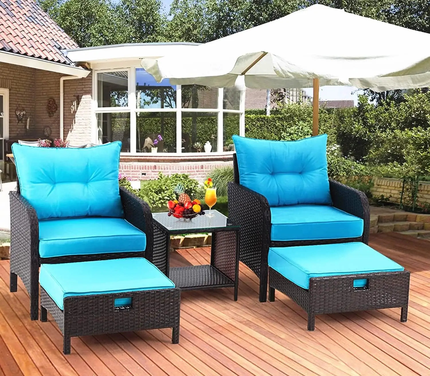 Patio Furniture Set, Outdoor Rattan Chairs with Tempered Glass Coffee Table, Ottomans & Soft Cushions, Wicker Conversation  Set - Home Fusion