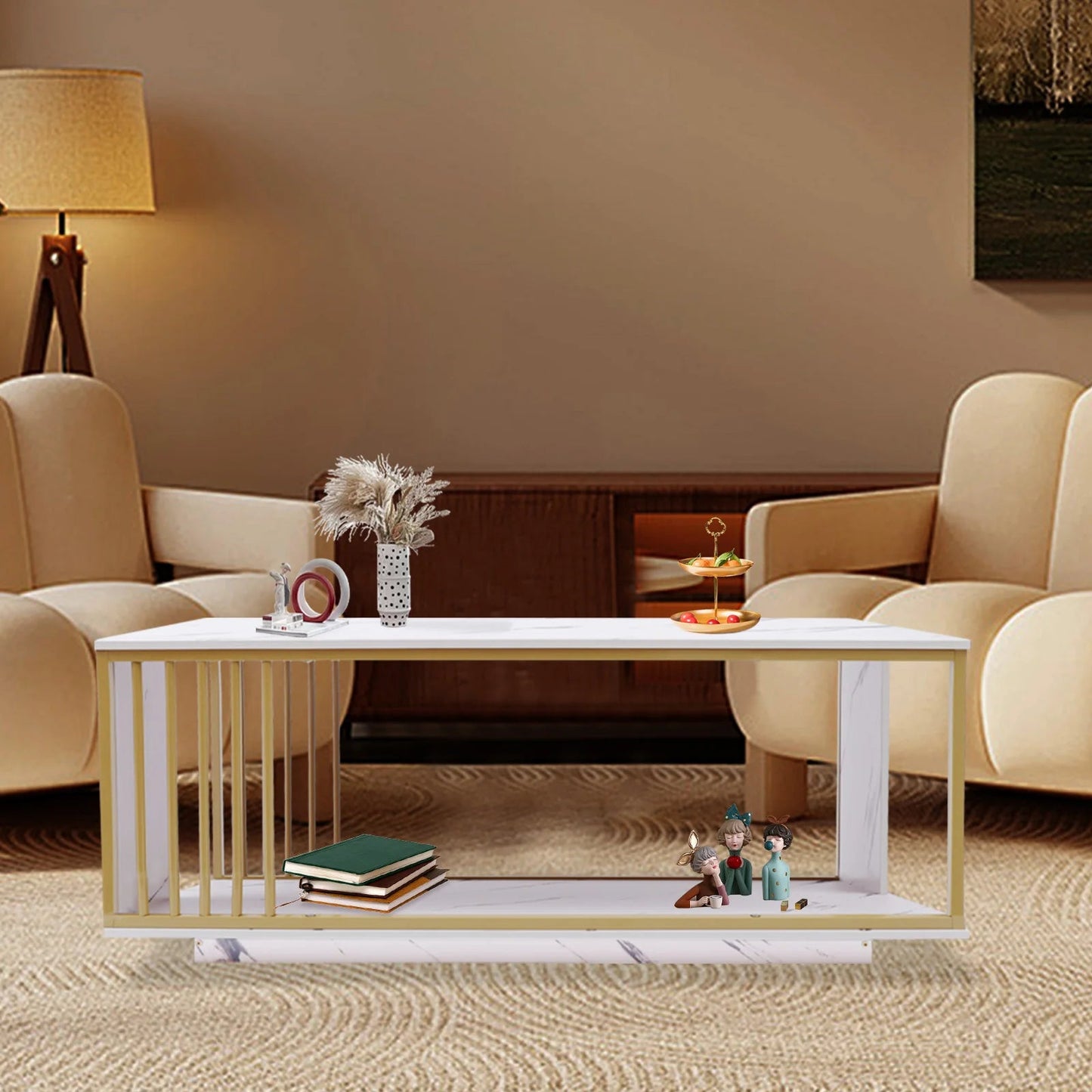 Modern 2-Tier White+Gold Coffee Table High Gloss Marble Veneer Rectangle Living Room Furniture, Waiting Area Table - Home Fusion