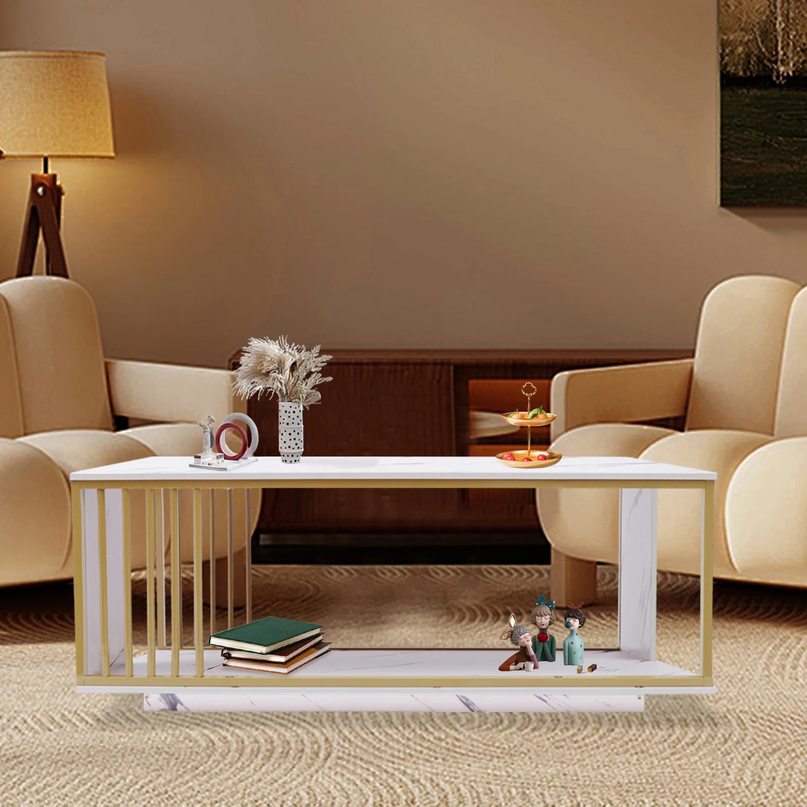 Modern 2-Tier White+Gold Coffee Table High Gloss Marble Veneer Rectangle Living Room Furniture, Waiting Area Table - Home Fusion