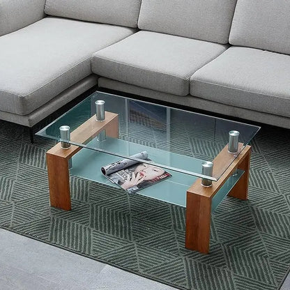 Comft Rectangle Side Glass Coffee Table, 2Tier Center Table Modern Black Side Coffee TableReception Room Office with Lower Shelf - Home Fusion