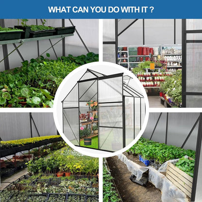 6x8Walk-in  Greenhouse, Weatherproof Aluminum Hot House w/ Raised Base and Sliding Door & Vent for Outdoor Backyard, Black - Home Fusion