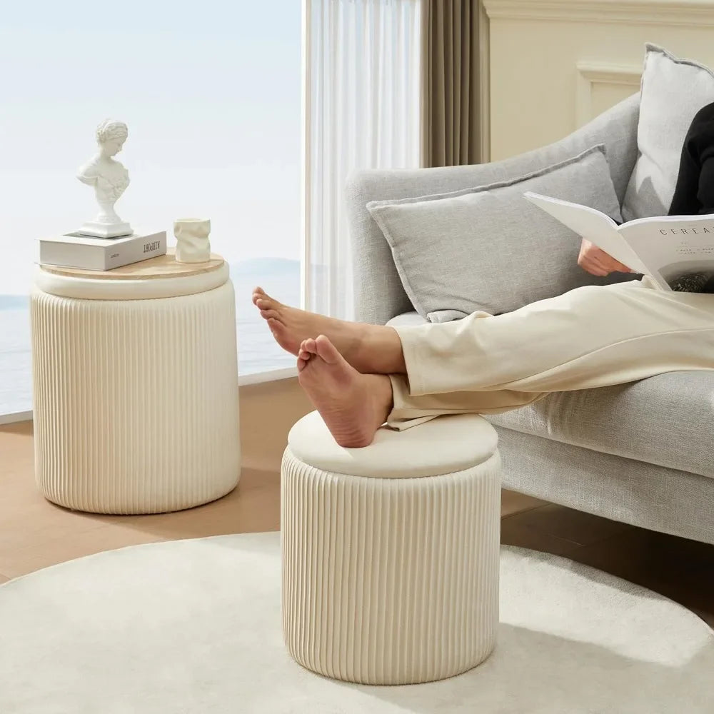 Round Ottoman with Storage Set of 2 Upholstered Velvet Vanity Stool Lines 300lbs Ottomans Multifunctional Beige - Home Fusion