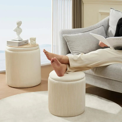Round Ottoman with Storage Set of 2 Upholstered Velvet Vanity Stool Lines 300lbs Ottomans Multifunctional Beige - Home Fusion