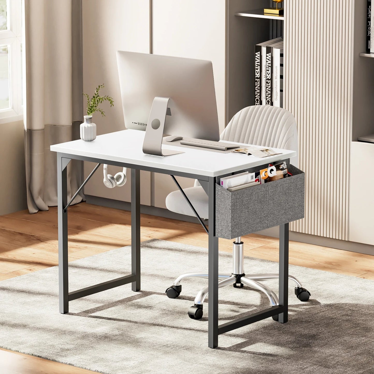 JHK Computer Desk Writing Study Office Gaming Table Modern Simple Style Compact with Side Bag Headphone Hook Easy Assembly - Home Fusion