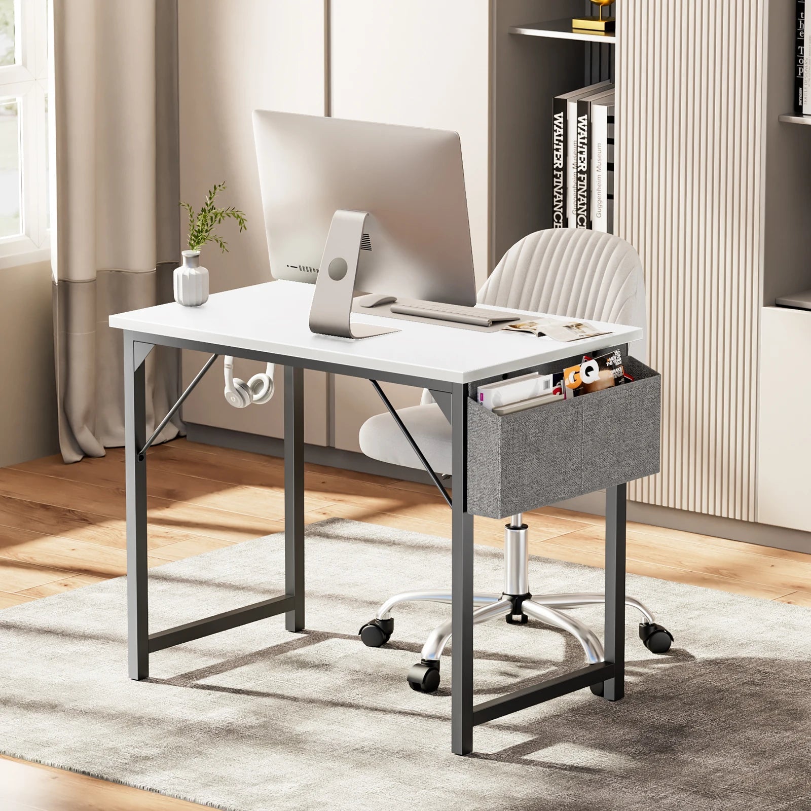 JHK Computer Desk Writing Study Office Gaming Table Modern Simple Style Compact with Side Bag Headphone Hook Easy Assembly - Home Fusion