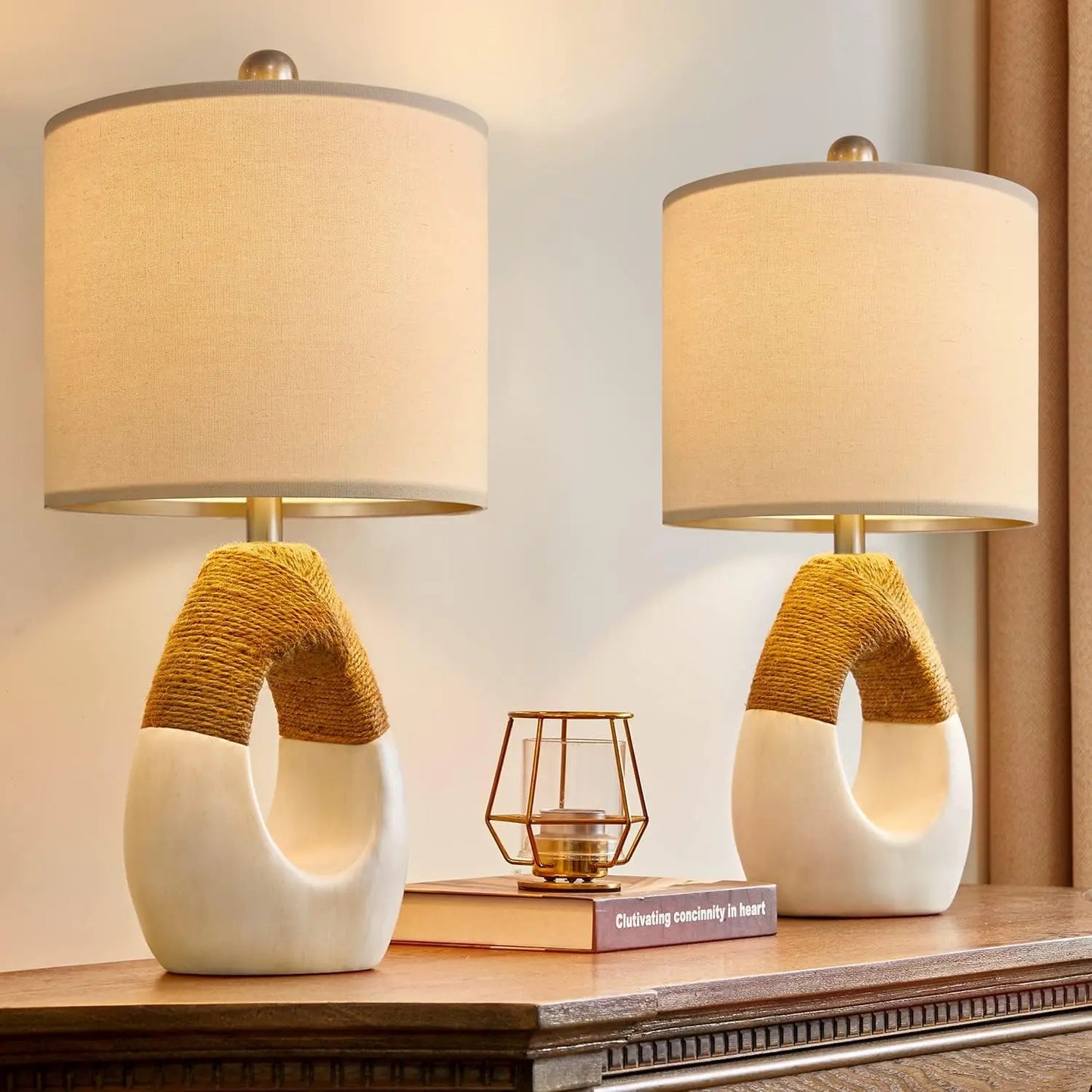 OYEARS Boho Table Lamps Bedroom Living Room Set 2 Small Farmhouse Rattan Table Lamp 19”Rustic Home Decoration Nightstand - Home Fusion