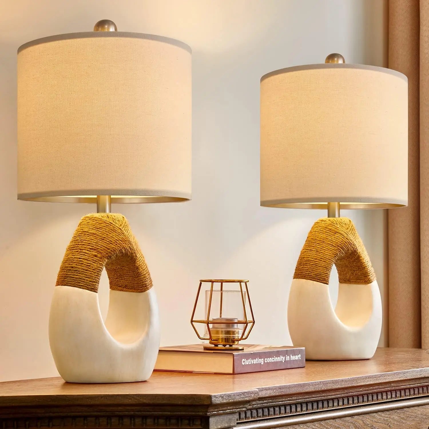 OYEARS Boho Table Lamps Bedroom Living Room Set 2 Small Farmhouse Rattan Table Lamp 19”Rustic Home Decoration Nightstand - Home Fusion