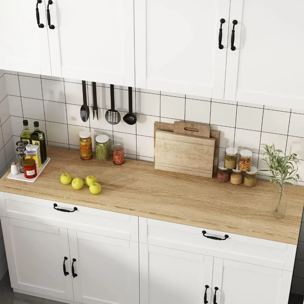 Wall-Mounted Kitchen Pantry with Countertop, with Drawers & Doors, Sufficient Storage, Thickened MDF Board, Kitchen Cabinets - Home Fusion