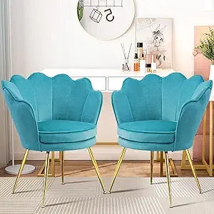 Accent Chairs Set of 2 for Living Room, Velvet Upholstered Makeup Room Vanity Chair with Back, Golden Metal Legs Accent Side Cha - Home Fusion