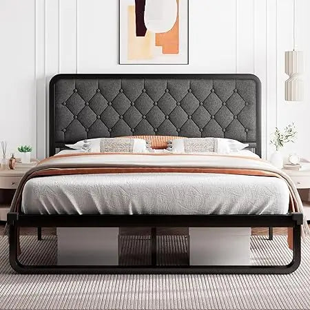 Bed frame, Upholstered Platform Bed Frame, with heavy duty steel slats, diamond tufted headboard - Home Fusion