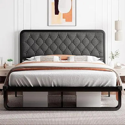 Bed frame, Upholstered Platform Bed Frame, with heavy duty steel slats, diamond tufted headboard - Home Fusion
