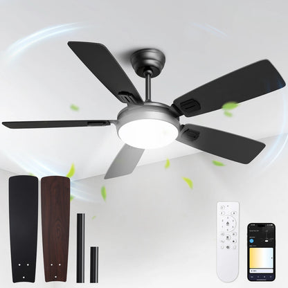 Modern Minimalist 5-Blade Ceiling Fan Light 42 /52 Black/White/Wood Grain Dimmable with Doodle App Ceiling Fan Light - Home Fusion