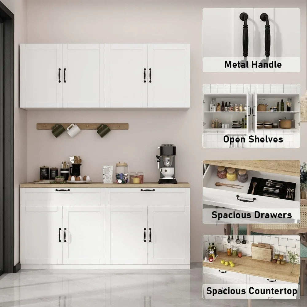 Wall-Mounted Kitchen Pantry with Countertop, with Drawers & Doors, Sufficient Storage, Thickened MDF Board, Kitchen Cabinets - Home Fusion