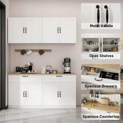 Wall-Mounted Kitchen Pantry with Countertop, with Drawers & Doors, Sufficient Storage, Thickened MDF Board, Kitchen Cabinets - Home Fusion