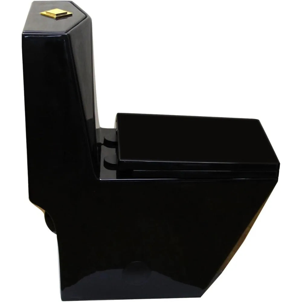 Square One Piece Toilet Black With Gold Button For Modern Bathroom,Diamond-shaped Sleek Design Elonagted Rectangle Glossy Black - Home Fusion