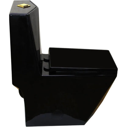 Square One Piece Toilet Black With Gold Button For Modern Bathroom,Diamond-shaped Sleek Design Elonagted Rectangle Glossy Black - Home Fusion
