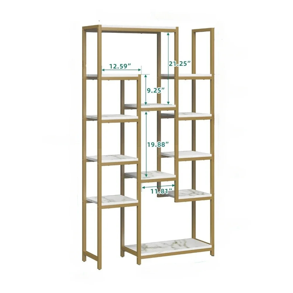 Home Decorations 6 Tier Gold Bookshelf Home Decor Items 71” Tall Modern Free Standing Bookshelf With 12 Shelf Bookcase Room Wall - Home Fusion