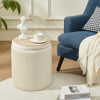 Round Ottoman with Storage Set of 2 Upholstered Velvet Vanity Stool Lines 300lbs Ottomans Multifunctional Beige - Home Fusion