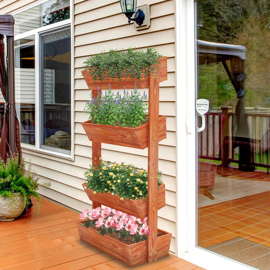 4-Tier Raised Garden Bed, Vertical Flower Pots Rack with Detachable Ladder and Adjustable Shelf, Wooden Elevated Planters Stand Home Fusion