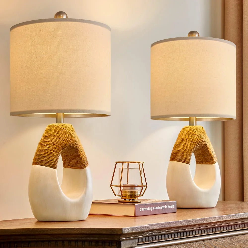 OYEARS Boho Table Lamps Bedroom Living Room Set 2 Small Farmhouse Rattan Table Lamp 19”Rustic Home Decoration Nightstand - Home Fusion