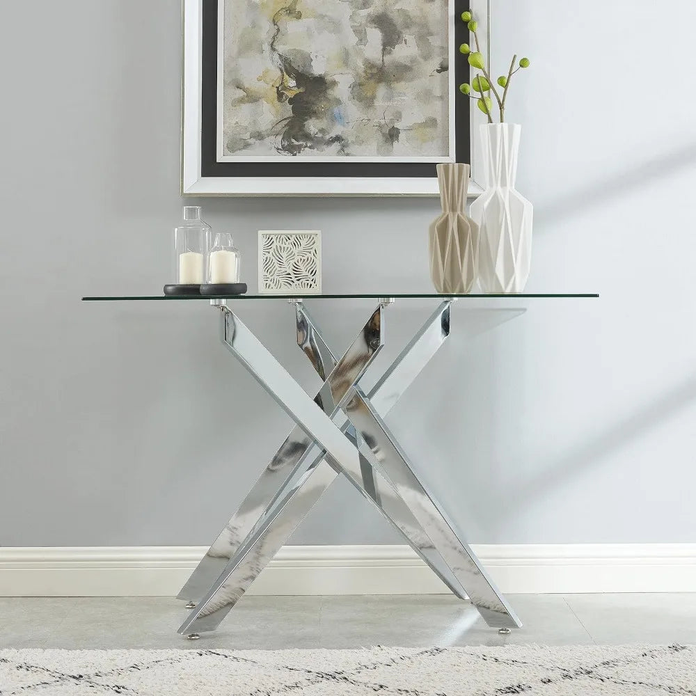 console table Modern Style Console Table Narrow Sofa Table with Tempered Glass Top and Metal Tubular Legs, 45" Lx18 Wx30 H, Silver 076823-f9.myshopify.com