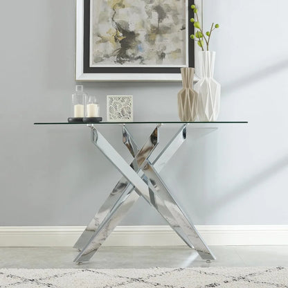 console table Modern Style Console Table Narrow Sofa Table with Tempered Glass Top and Metal Tubular Legs, 45" Lx18 Wx30 H, Silver 076823-f9.myshopify.com