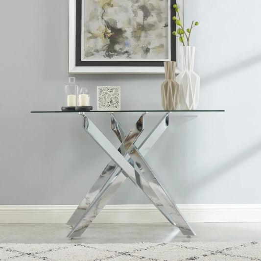 console table Modern Style Console Table Narrow Sofa Table with Tempered Glass Top and Metal Tubular Legs, 45" Lx18 Wx30 H, Silver 076823-f9.myshopify.com