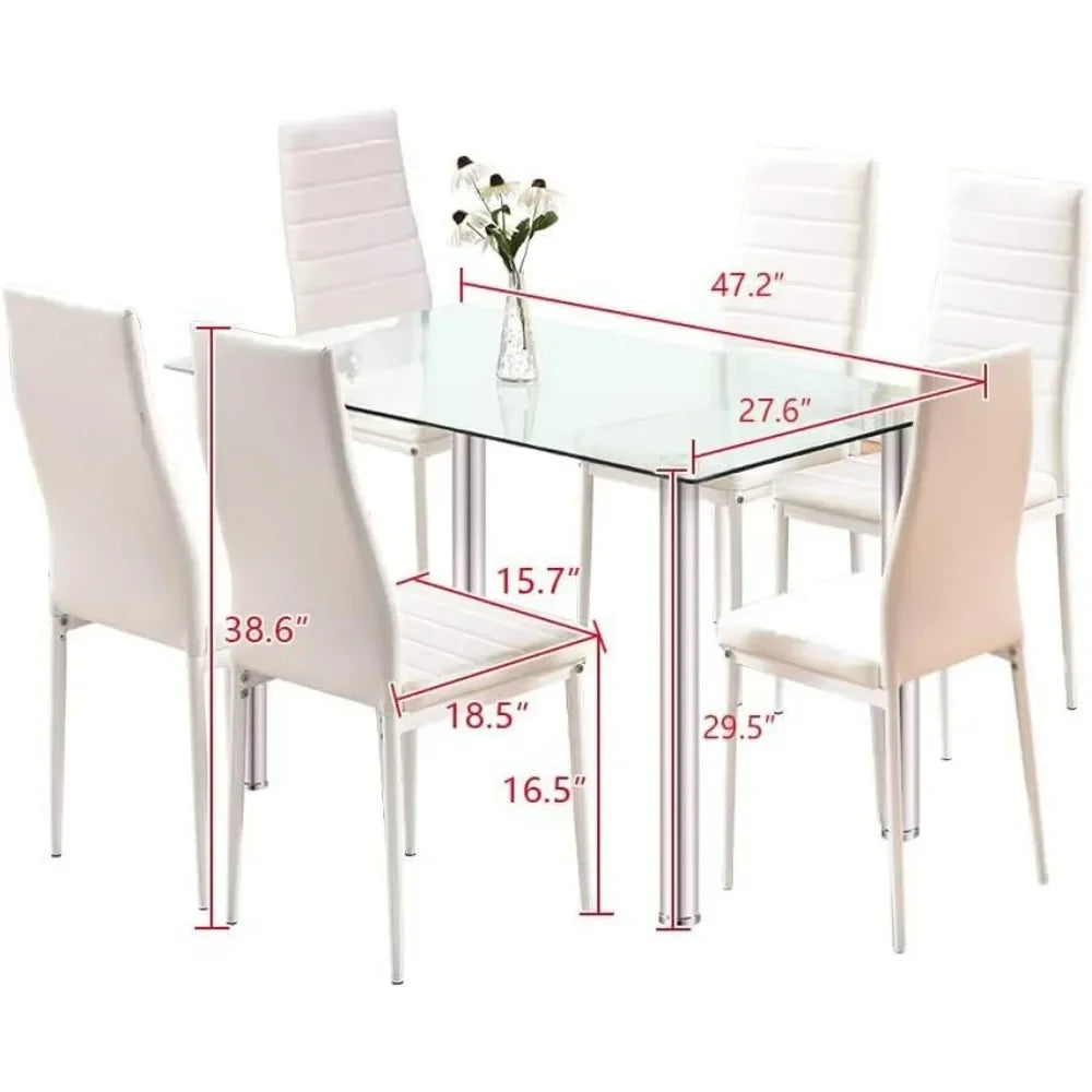Dining Table with Chairs, Modern Tempered Glass Top Table and PU Leather Chairs with 6 Chairs Dining Room Furniture - Home Fusion