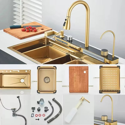 304 Stainless Steel Waterfall Kitchen Sink Large Single Slot Integrated Digital Display Faucet Set Soap Dispenser Cup Washer Home Fusion