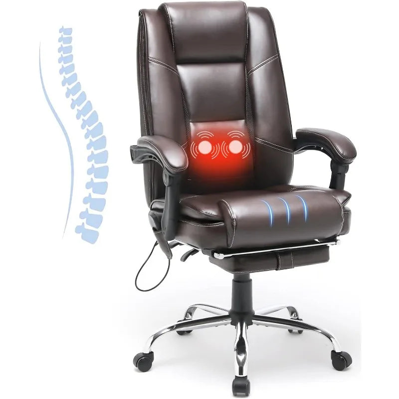 Ergonomic Executive Office Chair with Heated PU Leather Adjustable Height Reclining Massage Desk Chair with Foot Rest Armrest, - Home Fusion