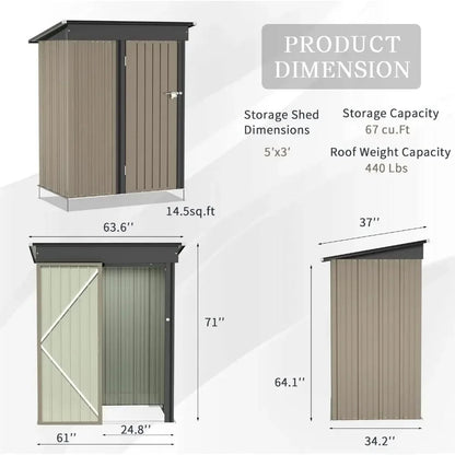 Metal Outdoor Storage Shed 5FT x 3FT, Steel Utility Tool Shed Storage House with Door & Lock, for Backyard Garden Patio Lawn - Home Fusion