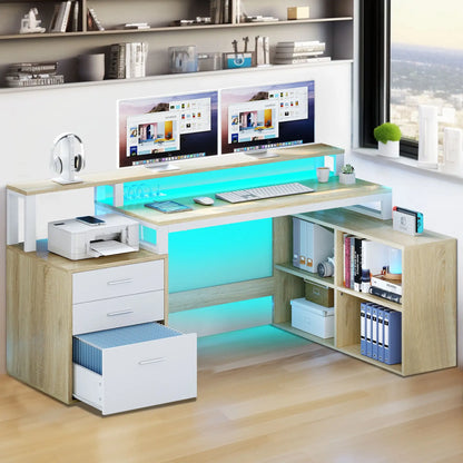 Office Furniture Desk Sets ,65" L Shaped Desk With Power Outlets And Monitor Stand , Computer Desk With LED Light &File Cabinet - Home Fusion