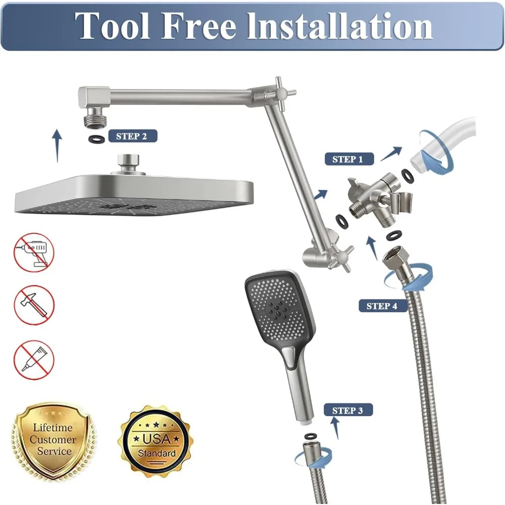 shower head，14 Inch Shower Head With Handheld, High-Pressure Rain/Rainfall Shower Heads With 3+1 Settings Handheld Spray, - Home Fusion