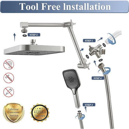 shower head，14 Inch Shower Head With Handheld, High-Pressure Rain/Rainfall Shower Heads With 3+1 Settings Handheld Spray, - Home Fusion