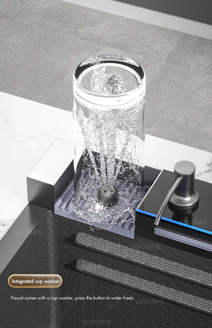 304 Stainless Steel Waterfall Kitchen Sink Large Single Slot Integrated Digital Display Faucet Set Soap Dispenser Cup Washer Home Fusion