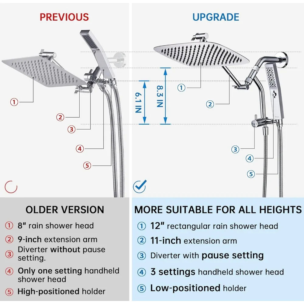 All Metal 12 Inch Shower Head with Massage Mode Handhelde, Rain Shower Head with Handheld Spray Combo, 3-Way Diverter with Paus - Home Fusion