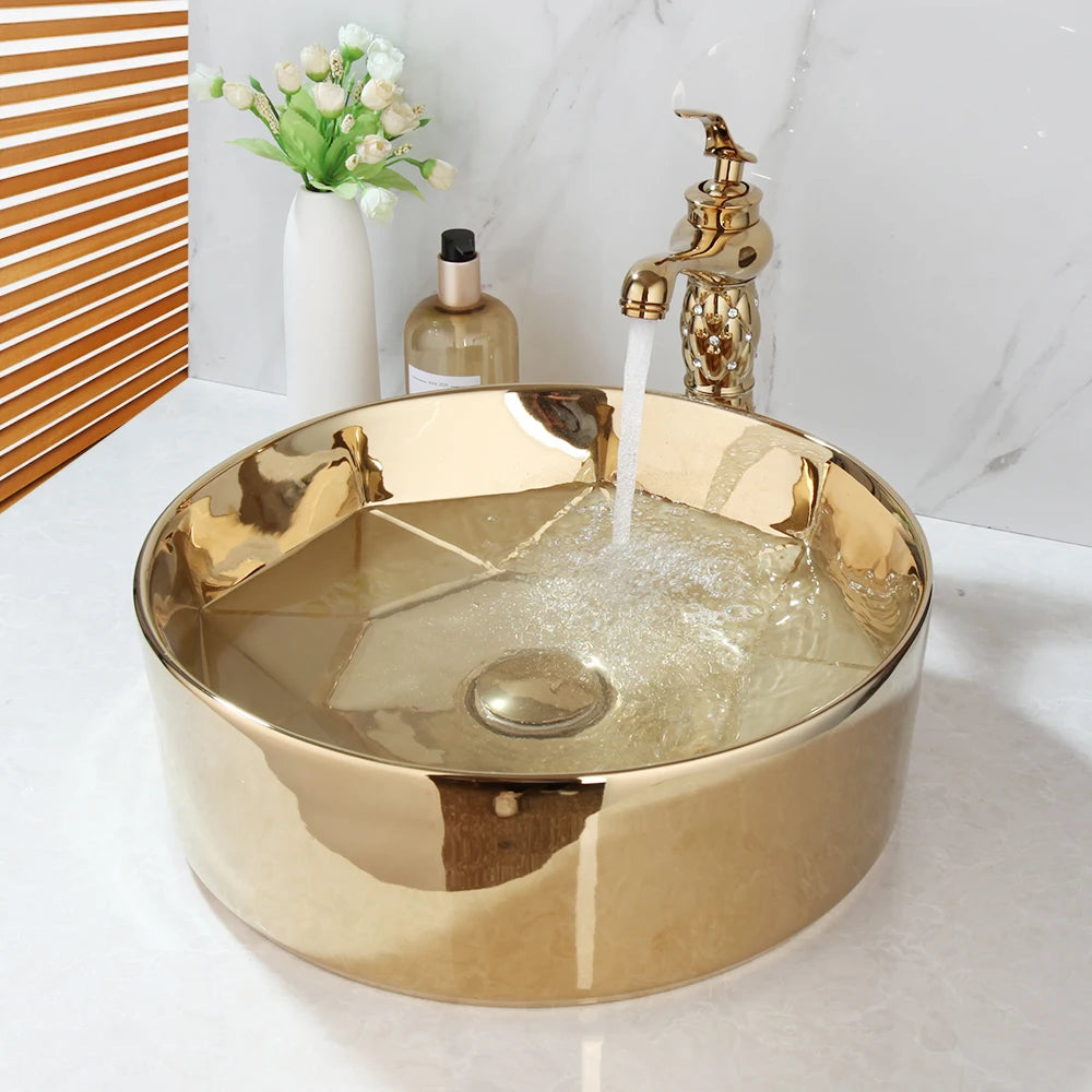 JIENI Bathroom Golden Plated Ceramic Round Combine Faucet Set Diamond Setting Lavatory Washbasin Sink Mixer Faucet w/ Pop Drain - Home Fusion