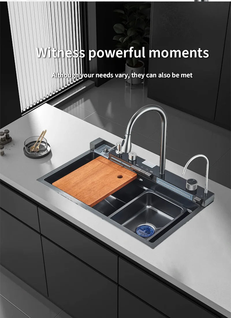 304 Stainless Steel Waterfall Kitchen Sink Large Single Slot Integrated Digital Display Faucet Set Soap Dispenser Cup Washer Home Fusion