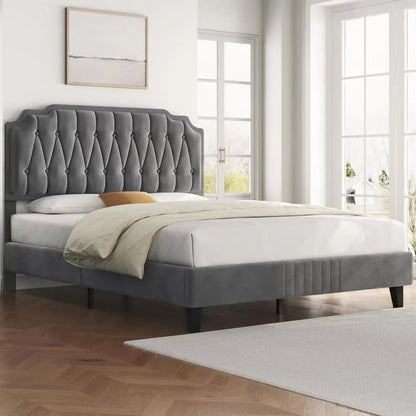Velvet Upholstered Platform Bed with Curved Headboard. - Home Fusion