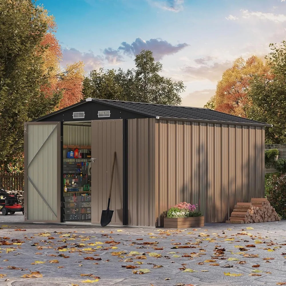 8x10 FT Outdoor Storage Shed, Large Garden Tool Metal Shed with Sloping Roof and Double Lockable Door,Outdoor Shed for Backyard - Home Fusion