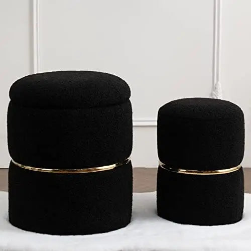 Round Black Velvet  Ottoman , Modern Upholstered Vanity Ottoman Footrest Stool Indoor Ottoman for Entryway Living Room Bedroom D - Home Fusion