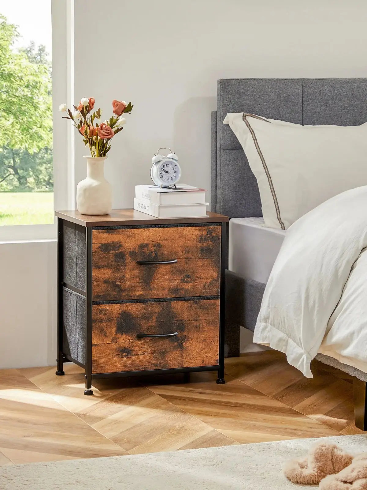 JHK Nightstand with 2 Fabric Drawers – Bedside Table & Storage Cabinet - Home Fusion
