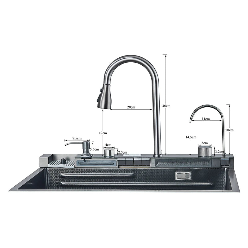 304 Stainless Steel Waterfall Kitchen Sink Large Single Slot Integrated Digital Display Faucet Set Soap Dispenser Cup Washer Home Fusion