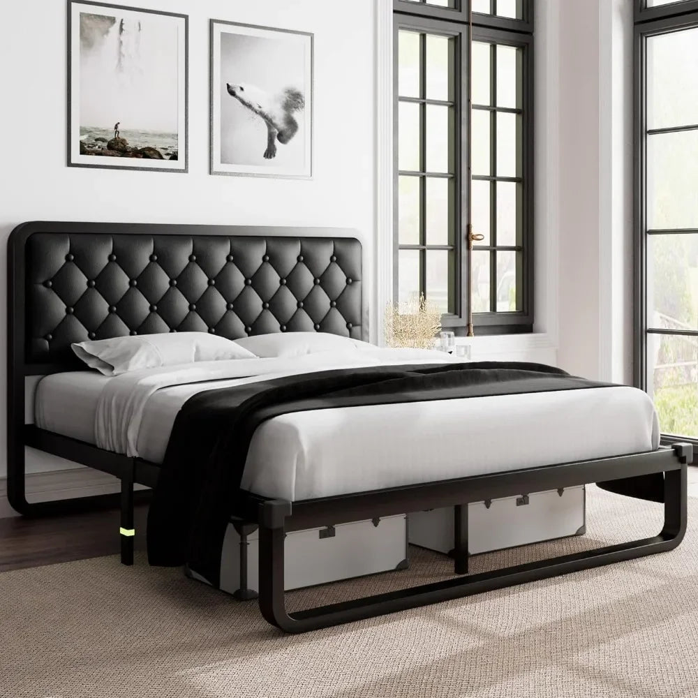 Bed frame, Upholstered Platform Bed Frame, with heavy duty steel slats, diamond tufted headboard - Home Fusion