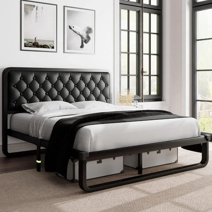 Bed frame, Upholstered Platform Bed Frame, with heavy duty steel slats, diamond tufted headboard - Home Fusion
