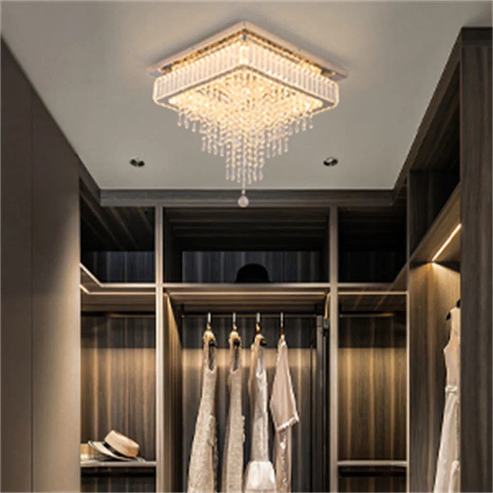 Luxury Crystal Square Bright Led Chandelier Modern Pendant Light Ceiling Lamp Dimmable Flush Mount Bedroom Dinning Living Room Home Fusion