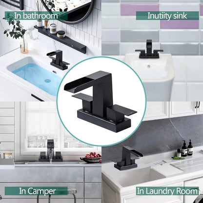 4 Inch Centerset Waterfall Bathroom Faucet 2 Handle 3 Hole Basin Faucet with Pop Up Drain with Overflow Home Fusion